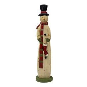 Vtg Y2K 18.5" Wood Snowman, Hand-painted w Long Scarf Top Hat & dangle Stocking
